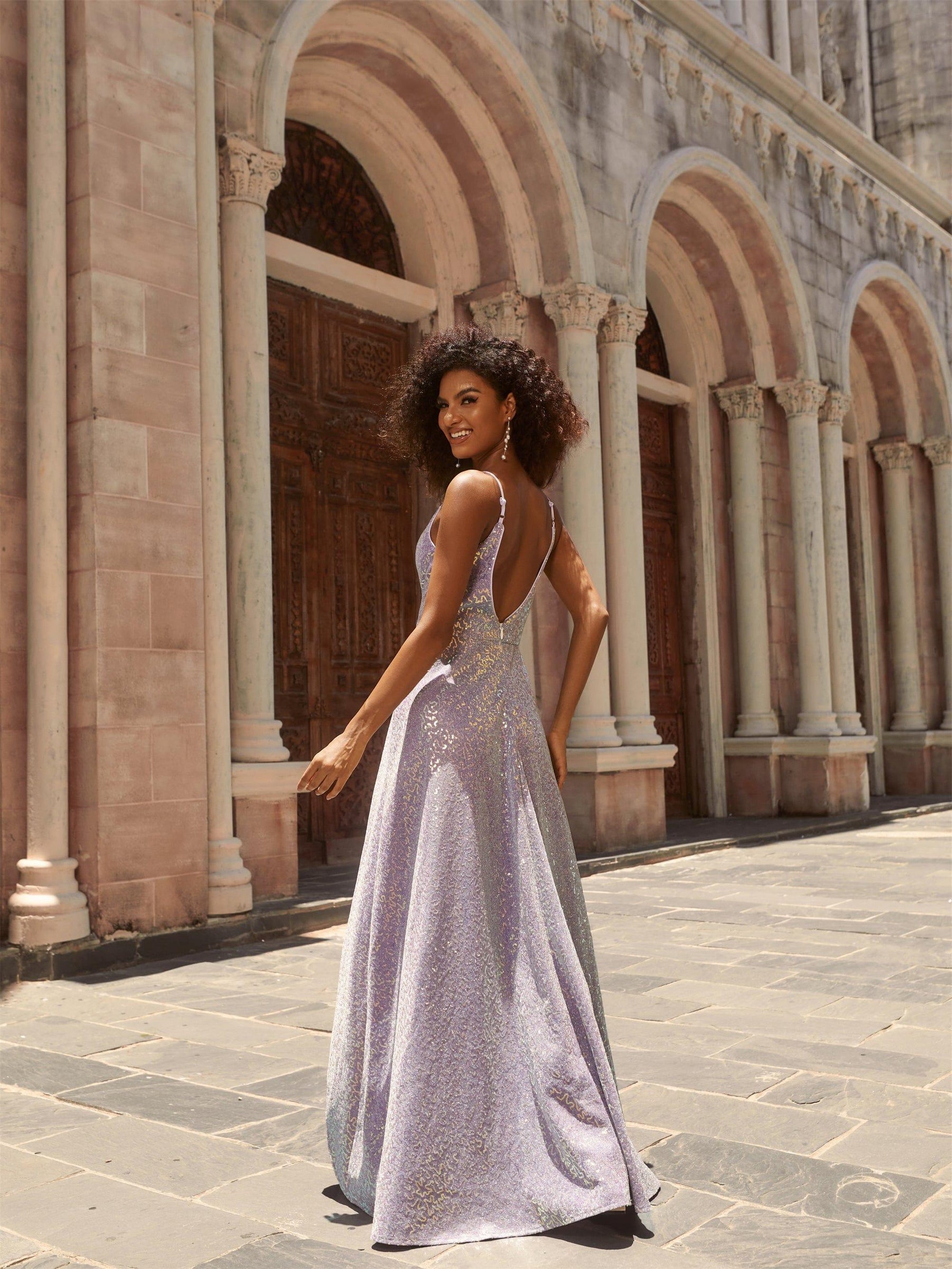 Sparkling Sequin Spaghetti Straps High-Low Backless Evening Dress #color_Lavender Sparkling Sequin Spaghetti Straps High-Low Backless Evening Dress