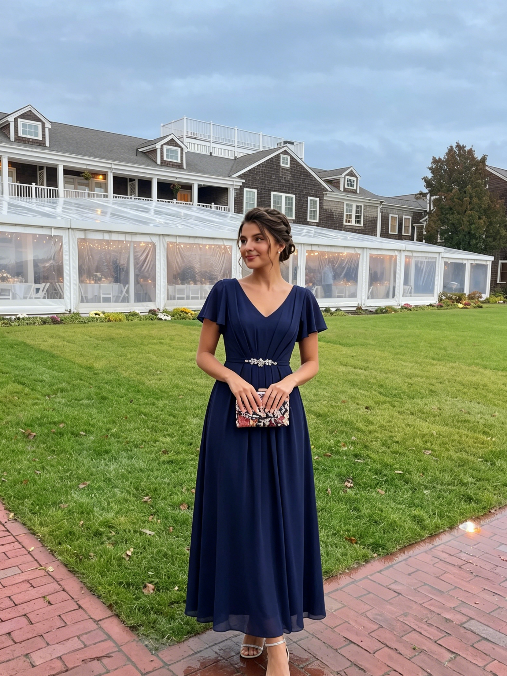 Rhinestone Embellished Chiffon Ruffle Sleeve Wedding Guest Dress #color_Navy Blue