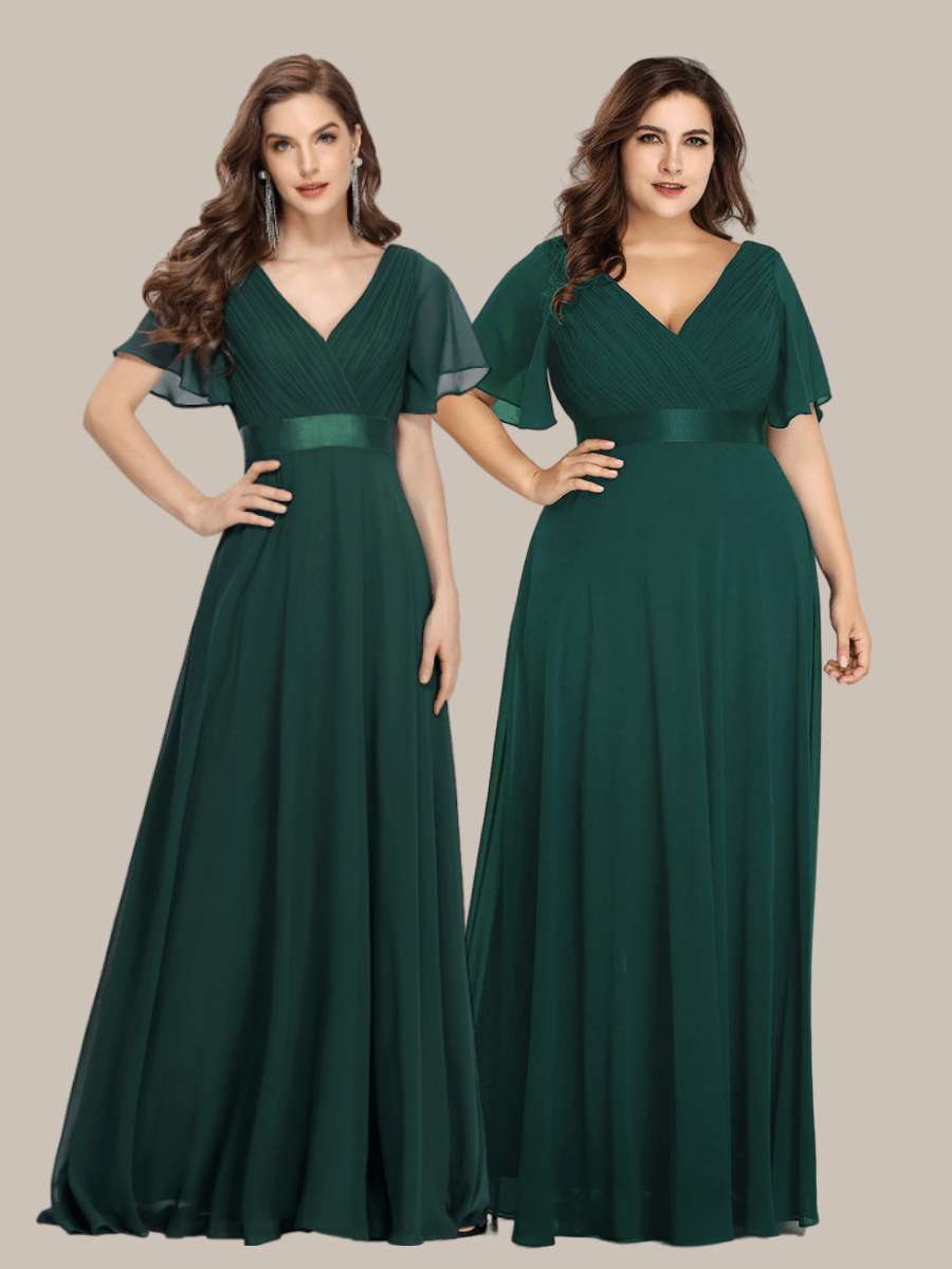 Long Chiffon Empire Waist Bridesmaid Dress with Short Flutter Sleeves #color_Dusty Blue