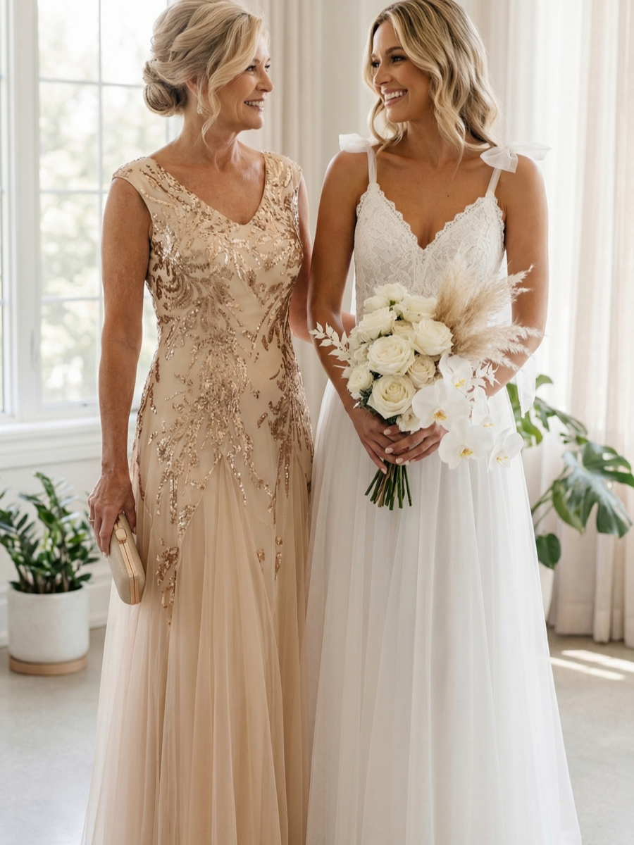 Glitter Embroidered Cap Sleeve High Stretch Mother of the Bride Dress #color_Gold