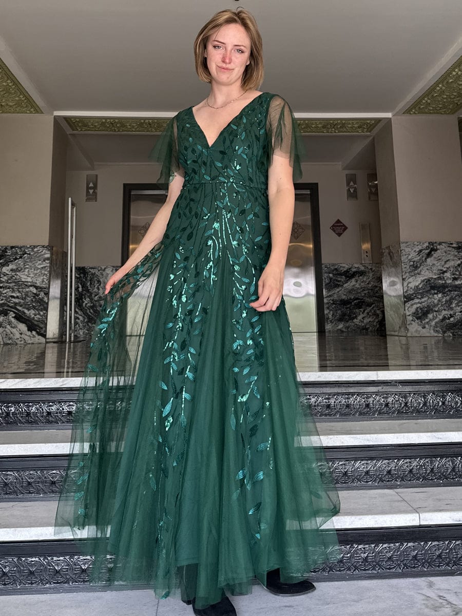 ever ASTRAL|Ruffle Sleeves Leaf Sequin Maxi Bridesmaid Dress Fan Photos 4