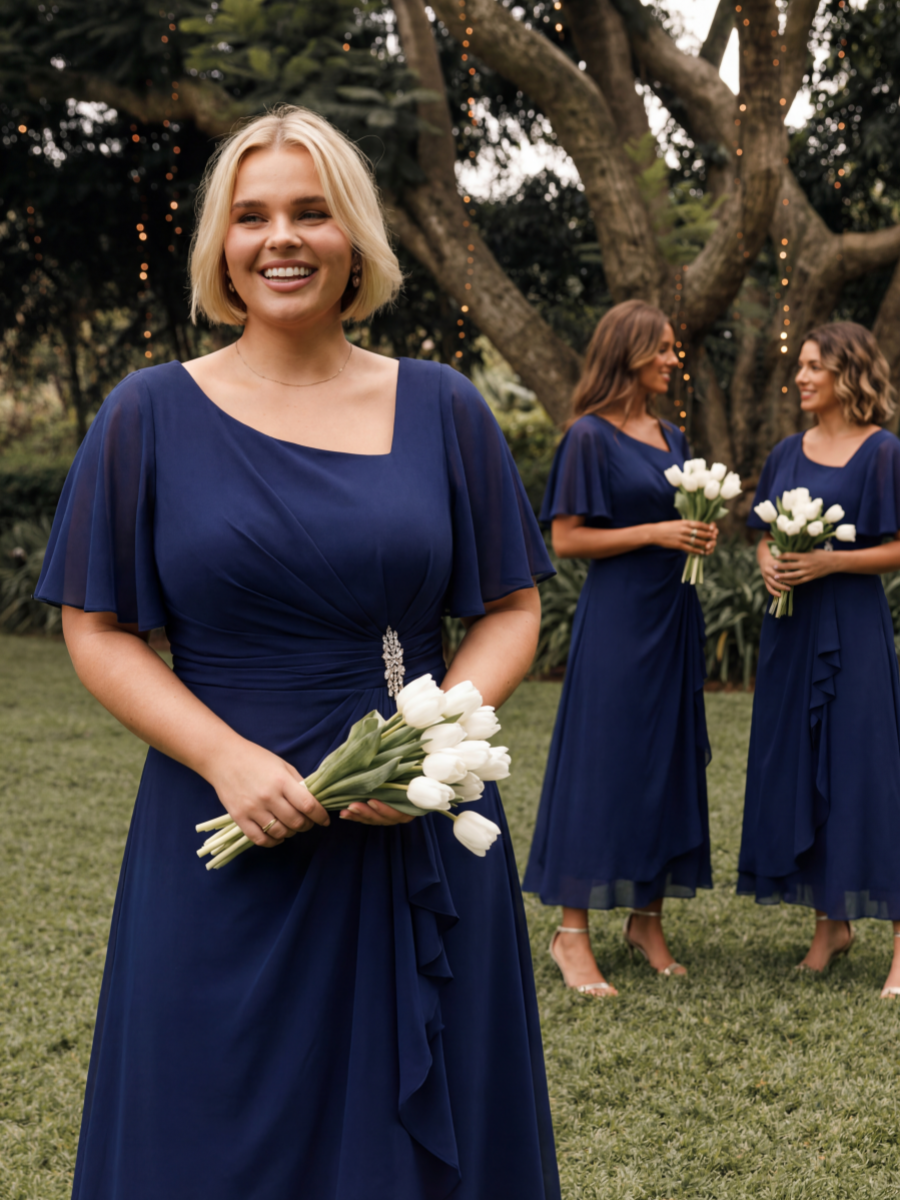 Plus Size Chiffon Ruffle Sleeve Formal Dress #color_Navy Blue