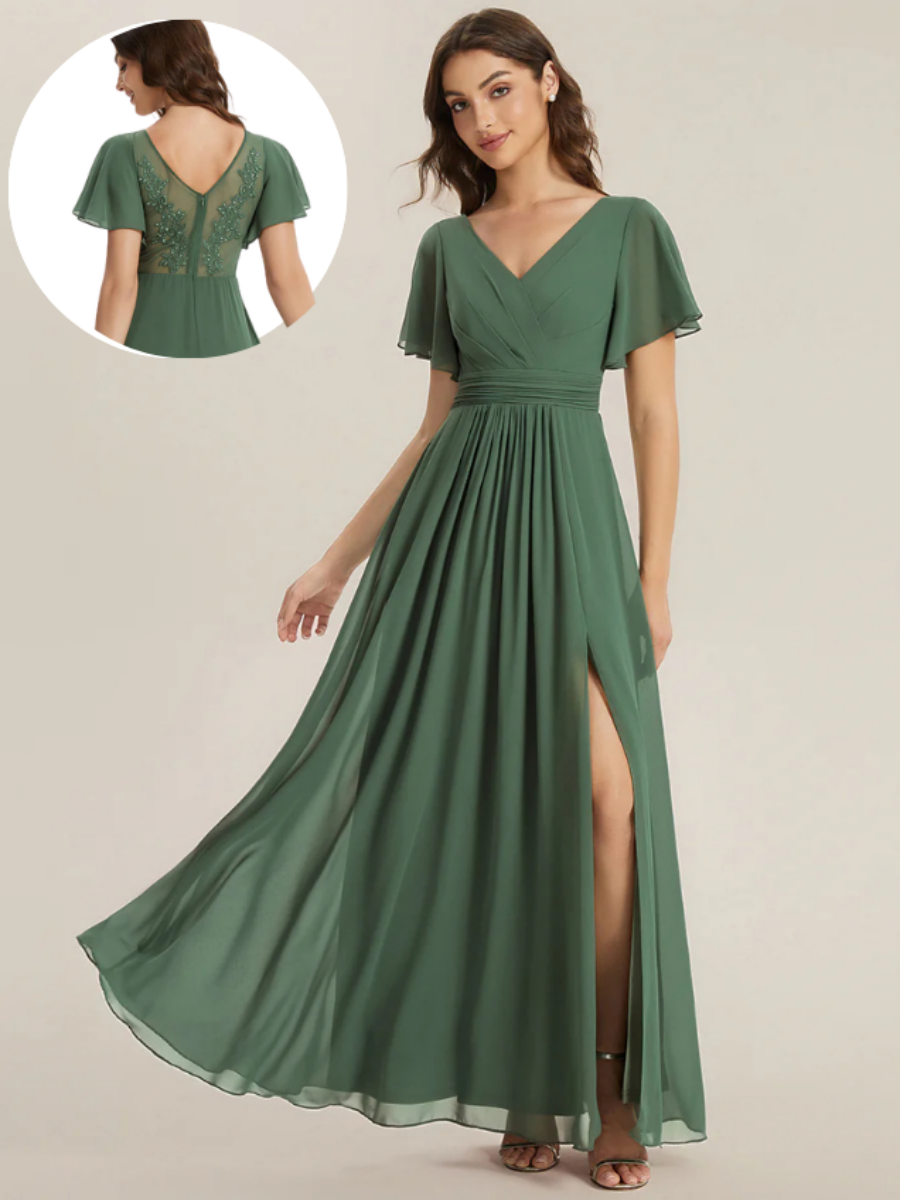Chiffon Ruffle Sleeve Back Embroidered Bridesmaid Dress #color_Eucalyptus