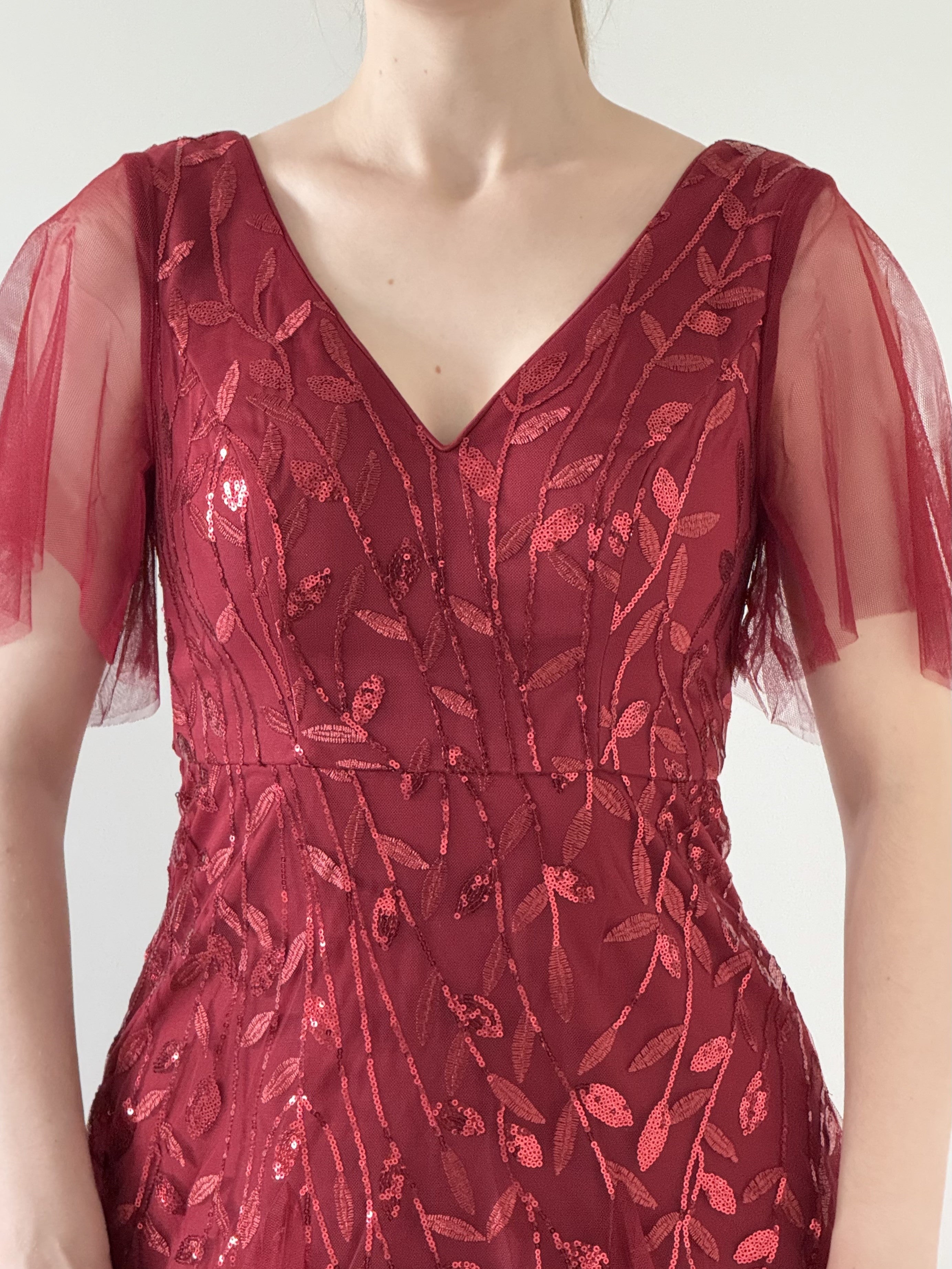 Ruffle Sleeves Leaf Sequin Maxi Bridesmaid Dress #color_Burgundy