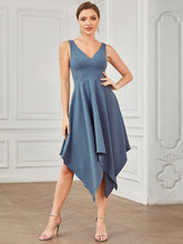 Sleeveless V-Neck Asymmetrical Hem Stretchy Formal Dress #color_Denim Blue
