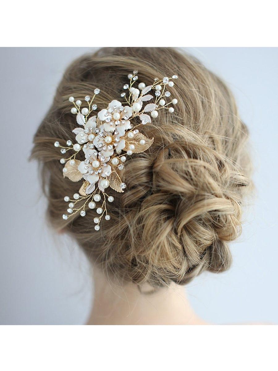 Delicate Handmade Floral Decoration Headwear Pearl Hairpin #color_Gold Delicate Handmade Floral Decoration Headwear Pearl Hairpin