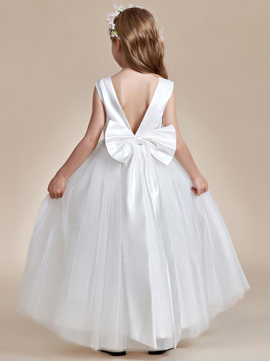 Satin Beaded Tulle Princess Flower Girl Dress With Back Bow #color_Cameo Brown Satin Beaded Tulle Princess Flower Girl Dress With Back Bow