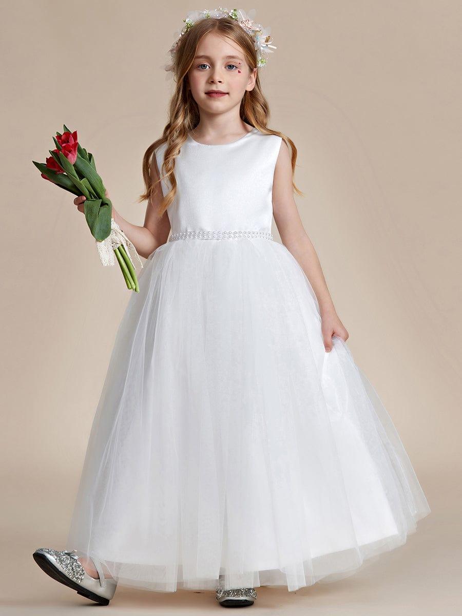 Satin Beaded Tulle Princess Flower Girl Dress With Back Bow #color_Cameo Brown Satin Beaded Tulle Princess Flower Girl Dress With Back Bow
