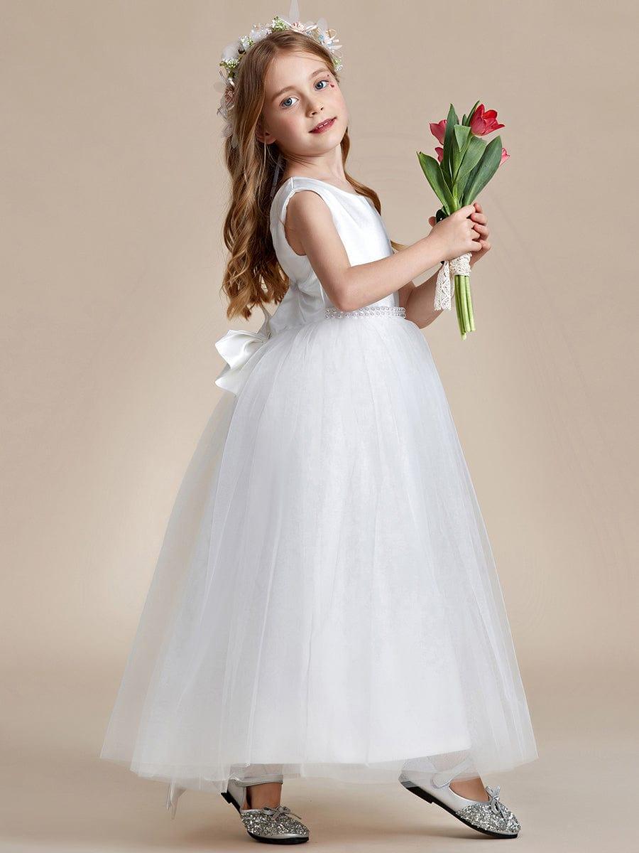 Satin Beaded Tulle Princess Flower Girl Dress With Back Bow #color_Cameo Brown Satin Beaded Tulle Princess Flower Girl Dress With Back Bow
