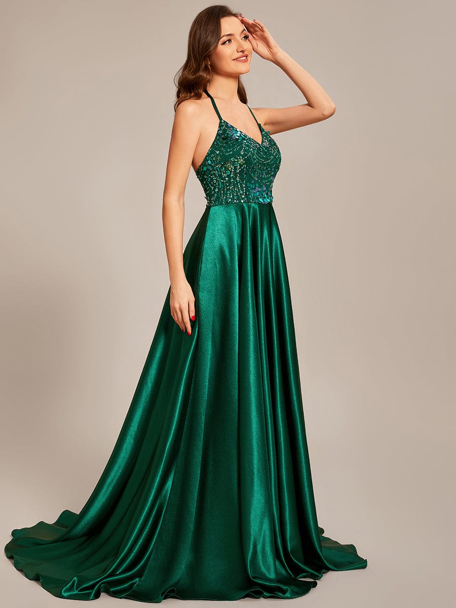Custom Size V-neck Glitter Sequin Halter Long Prom Dress