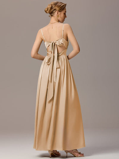 Satin Pleated Back-Tie Sleeveless Maxi Bridesmaid Dress #color_Champagne