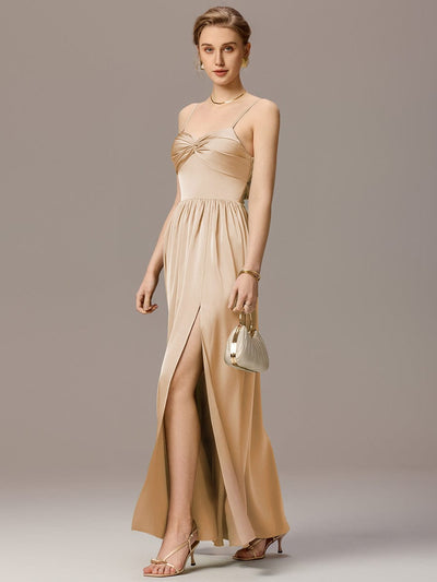 ever VERA|Satin Pleated Back-Tie Sleeveless Maxi Bridesmaid Dress