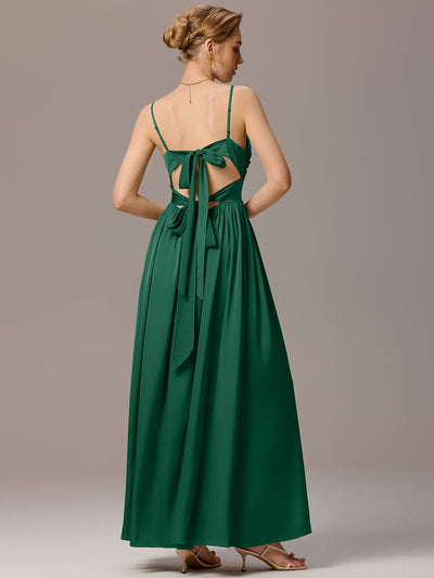 Satin Pleated Back-Tie Sleeveless Maxi Bridesmaid Dress #color_Dark Green