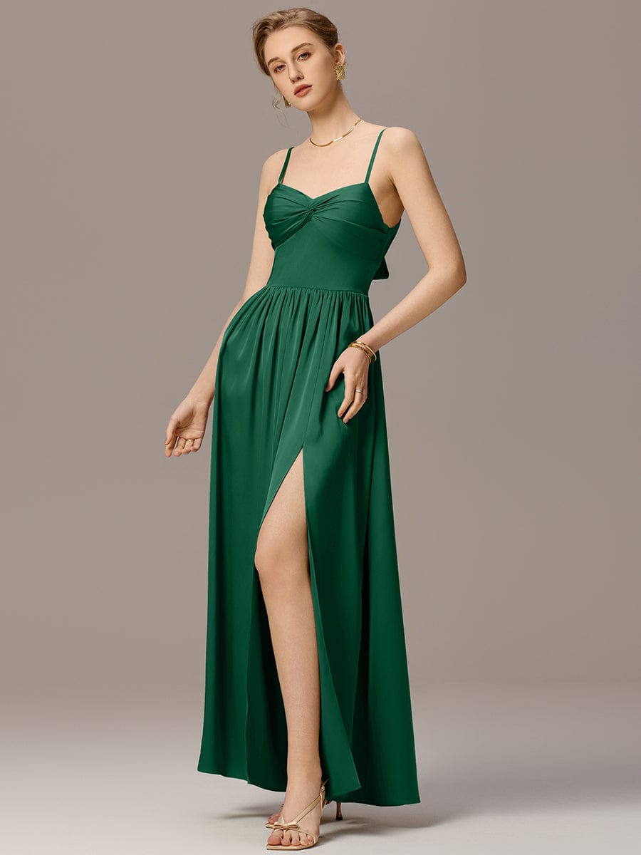 Satin Pleated Back-Tie Sleeveless Maxi Bridesmaid Dress #color_Dark Green