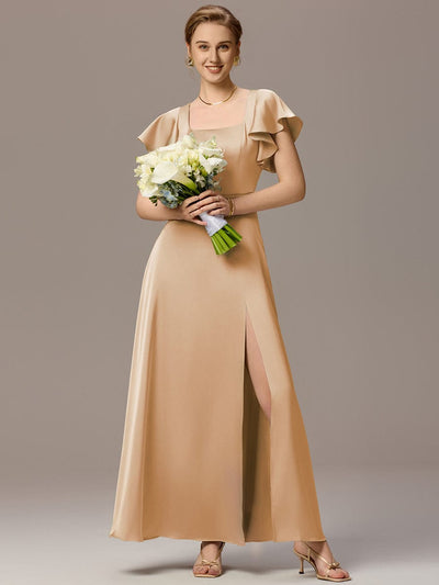 ever LIORIE|Satin Square Neck Short Sleeve Ruffled Maxi Bridesmaid Dress with Pockets