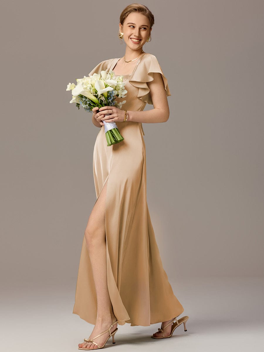 Satin Square Neck Short Sleeve Ruffled Maxi Bridesmaid Dress #color_Champagne