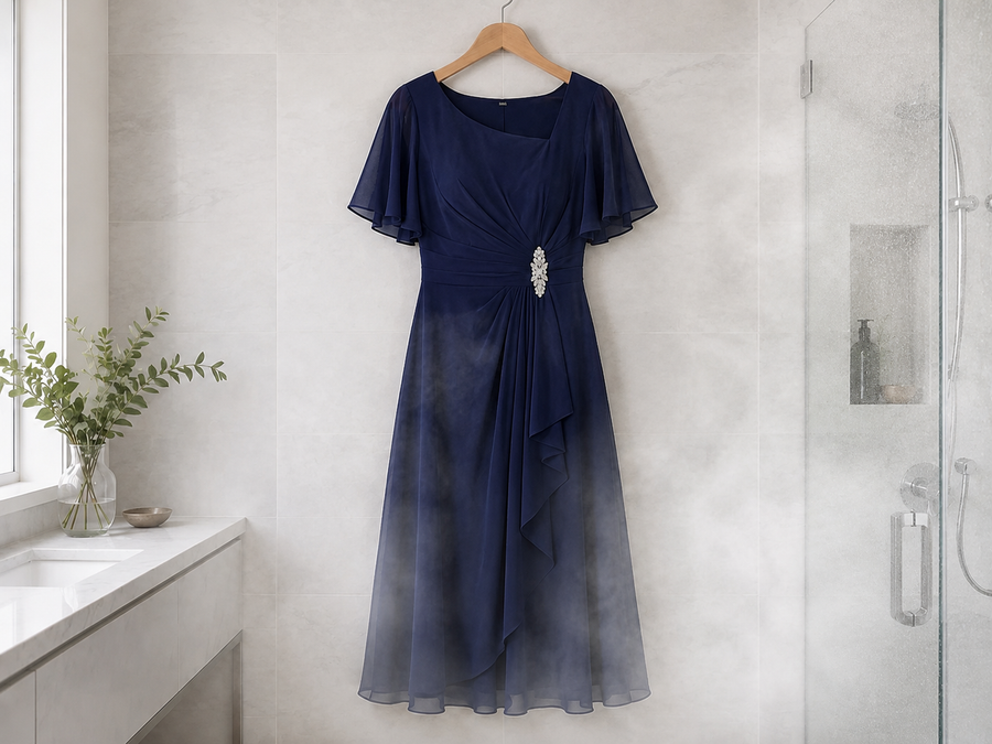 Dress hanging in a steamy bathroom