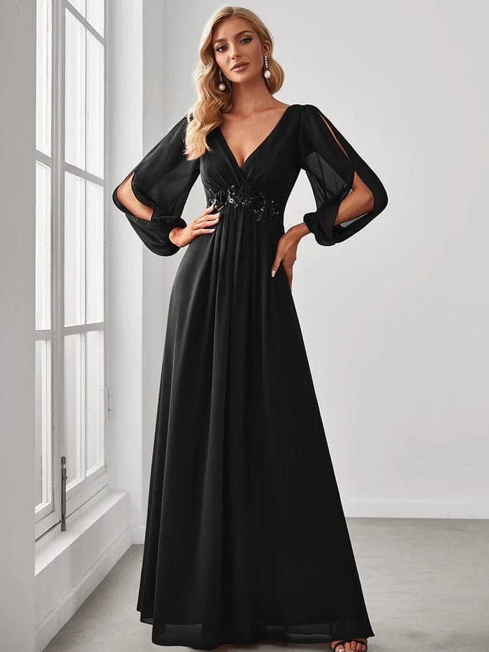 ever AMOUR|Elegant Chiffon V-Neckline Long Sleeve Formal Evening Dress