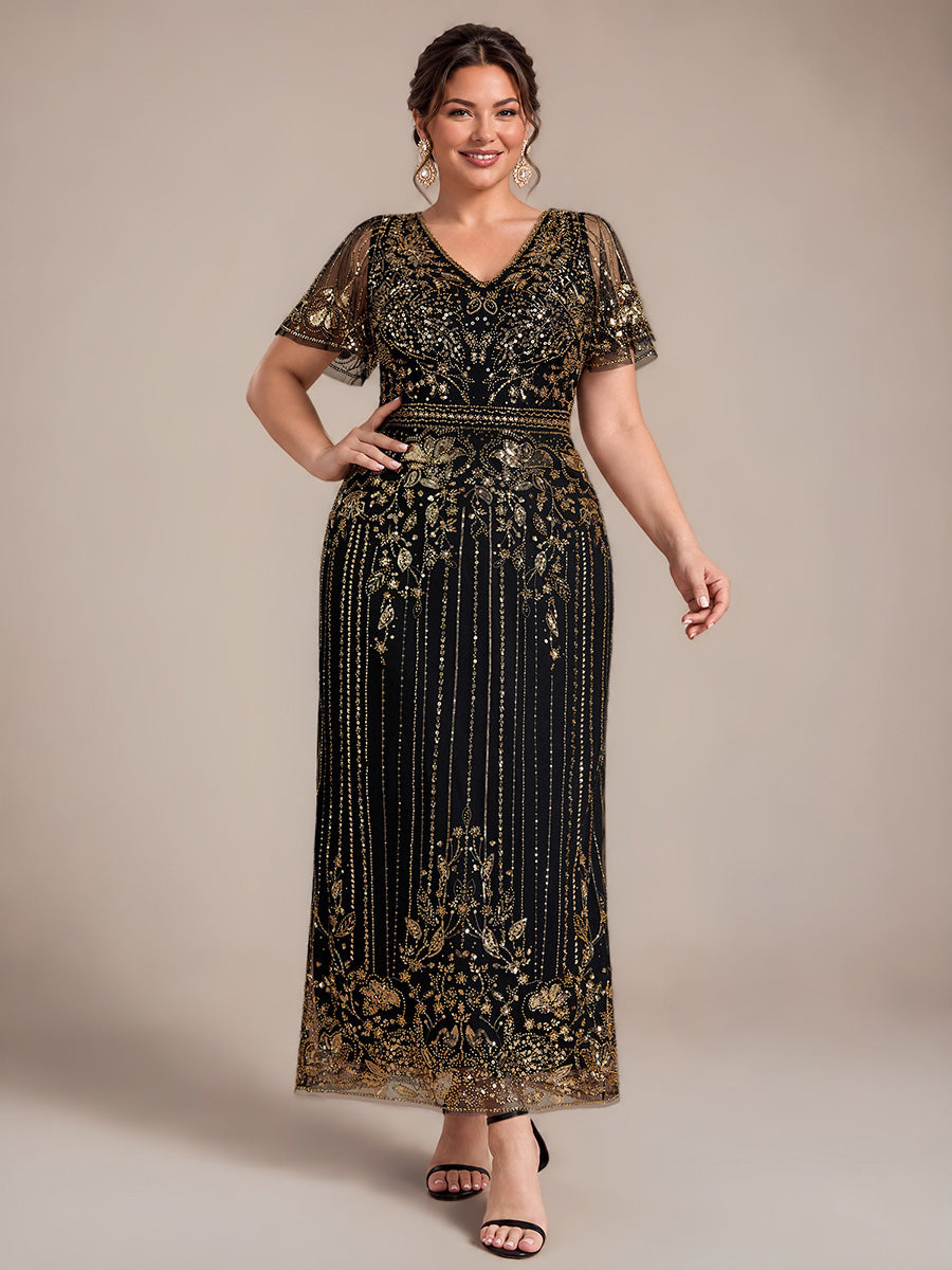 Sequin Tulle Ruffle Sleeve Cocktail Dress #color_Antique Gold