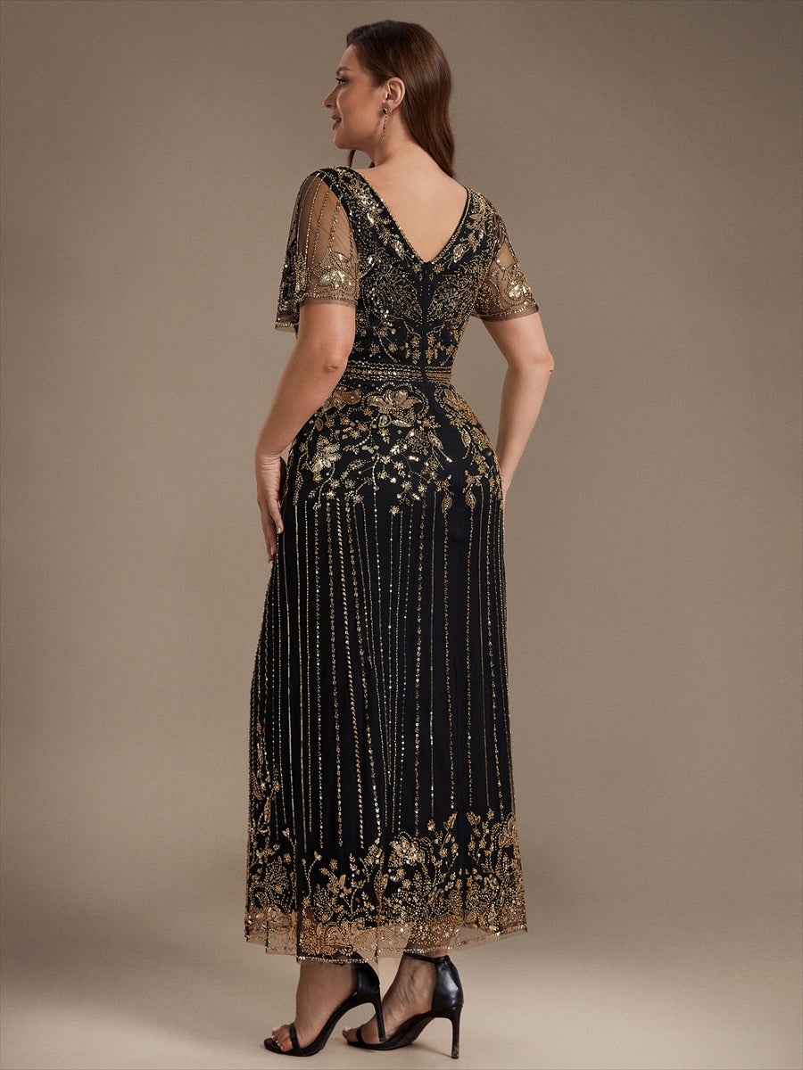 Sequin Tulle Ruffle Sleeve Cocktail Dress #color_Black & Gold