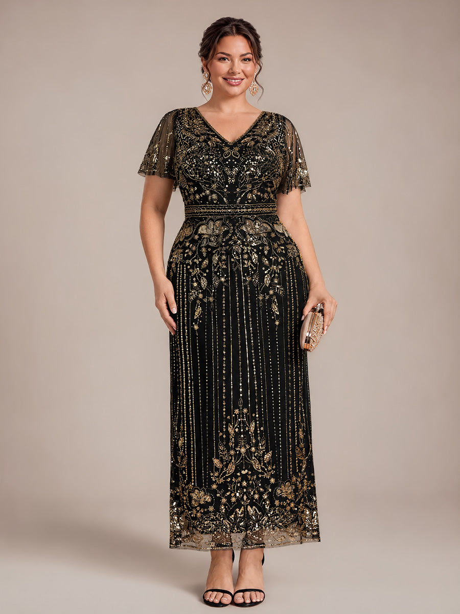 Sequin Tulle Ruffle Sleeve Cocktail Dress #color_Antique Gold