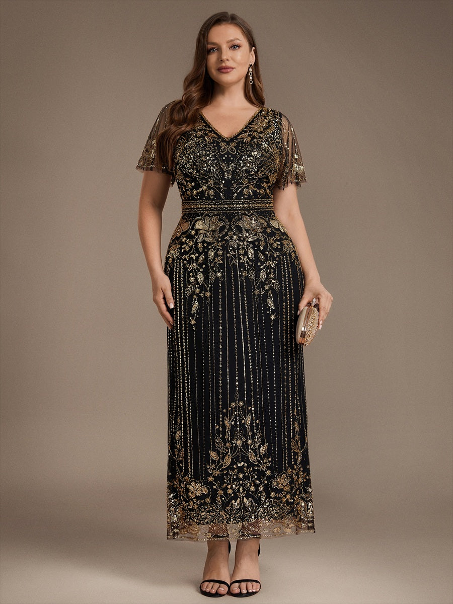 Plus Size Sequin Tulle Cocktail Dress #color_Antique Gold