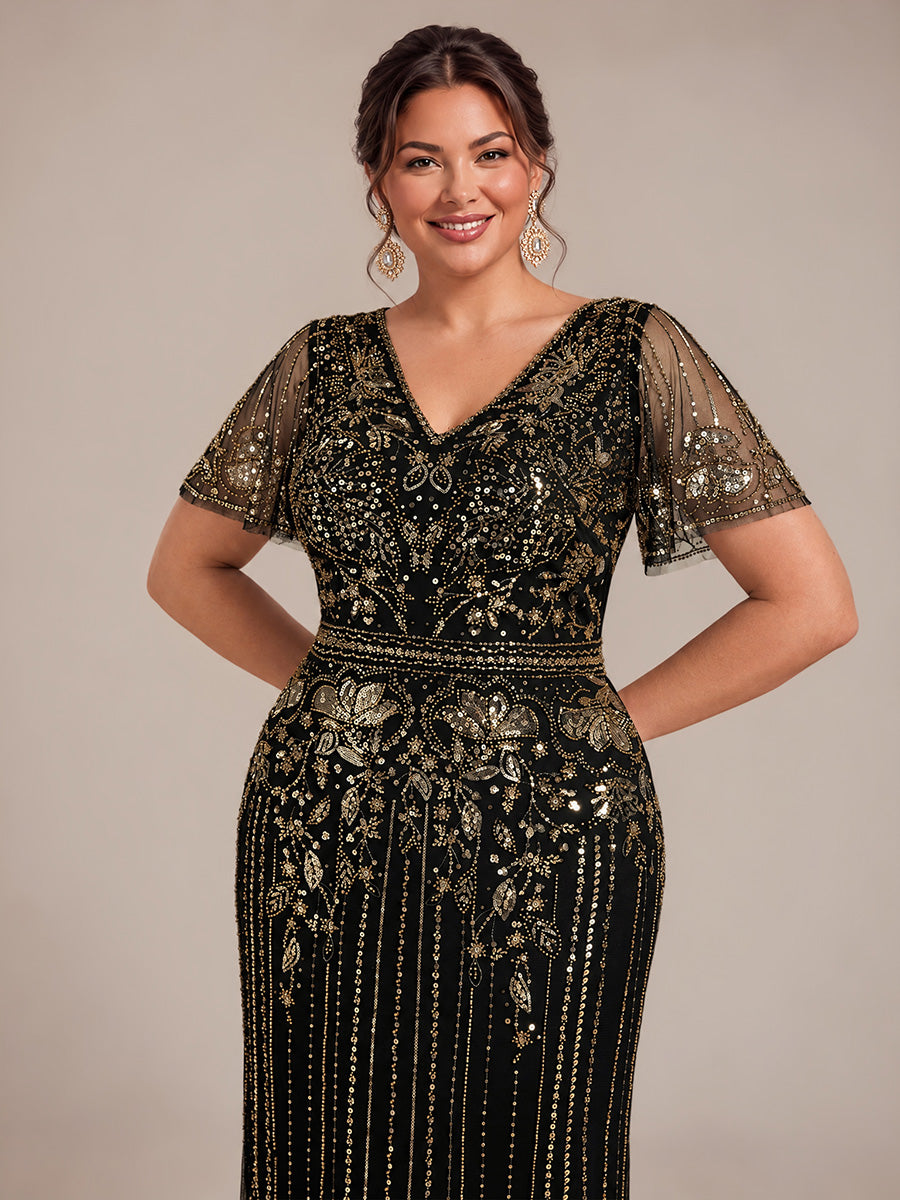 Plus Size Sequin Tulle Cocktail Dress #color_Antique Gold
