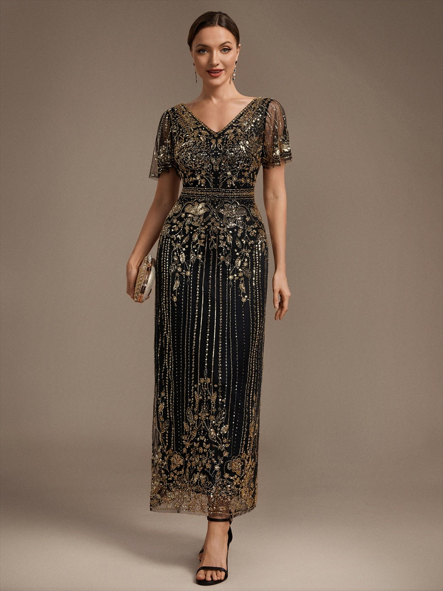 Sequin Tulle Ruffle Sleeve Cocktail Dress #color_Black & Gold