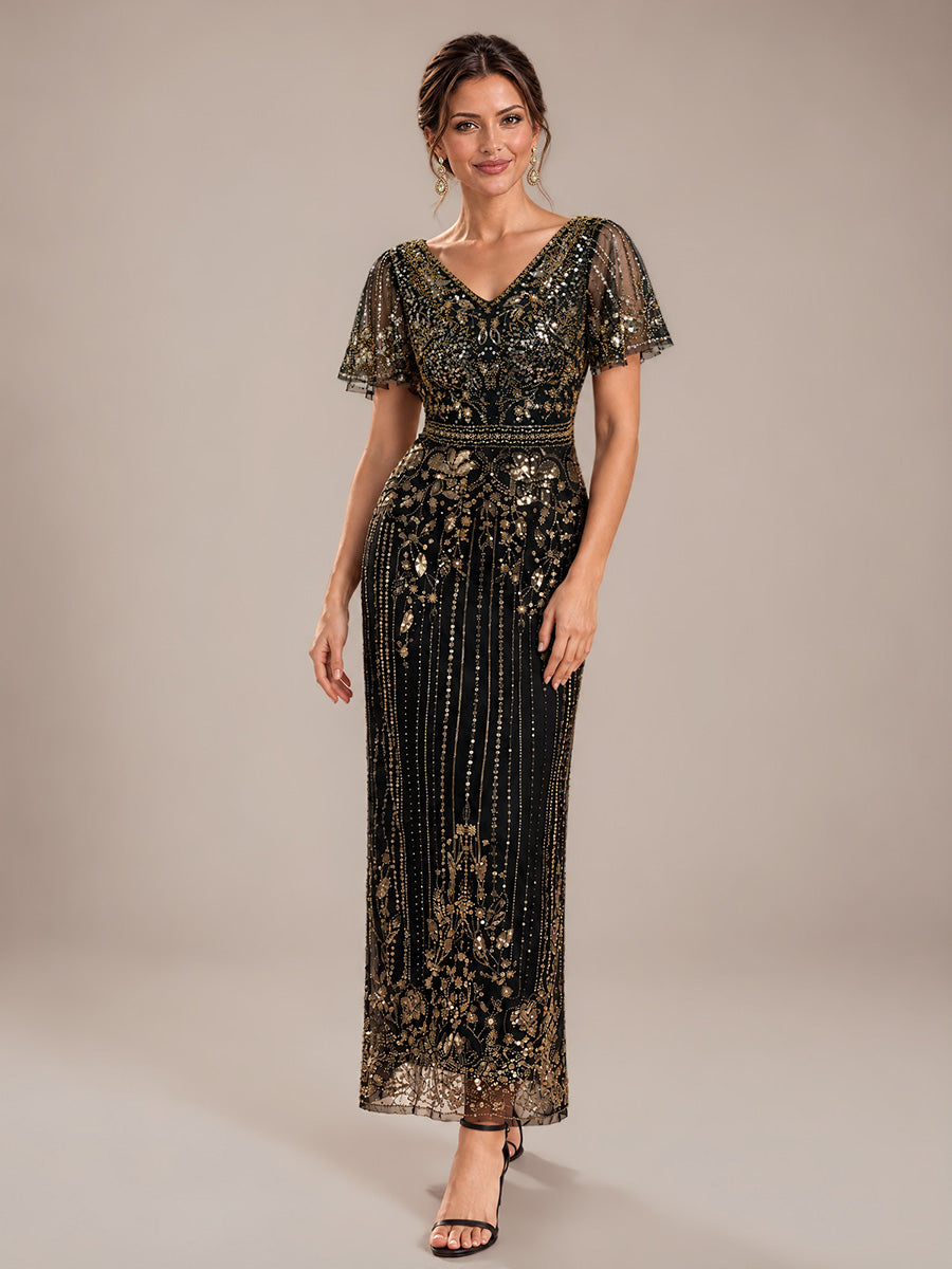 Sequin Tulle Ruffle Sleeve Cocktail Dress #color_Antique Gold