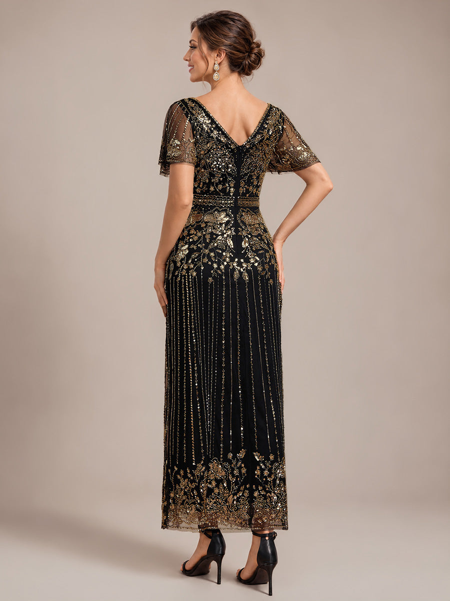 Sequin Tulle Ruffle Sleeve Cocktail Dress #color_Antique Gold