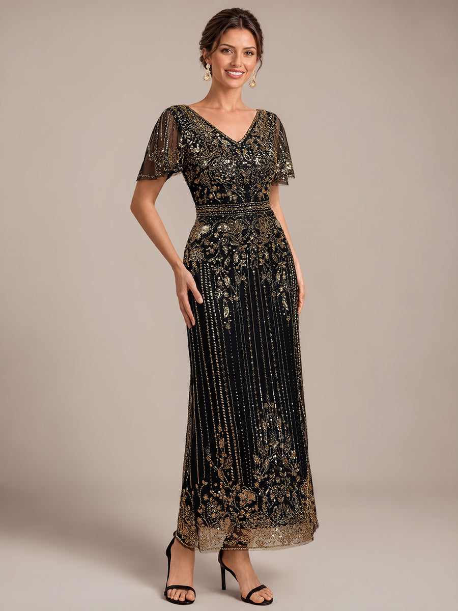 Sequin Tulle Ruffle Sleeve Cocktail Dress #color_Antique Gold
