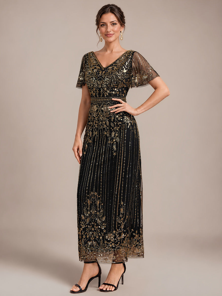 Sequin Tulle Ruffle Sleeve Cocktail Dress #color_Antique Gold
