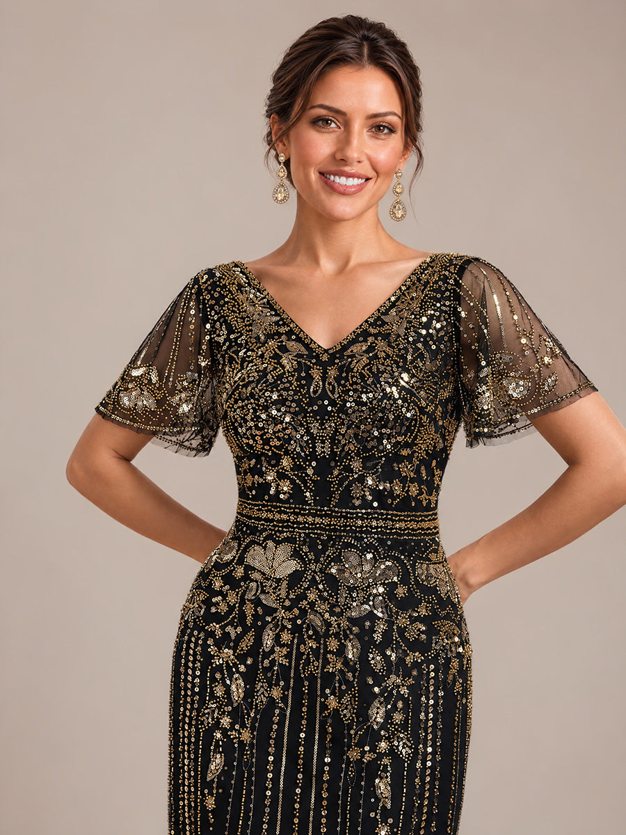 Sequin Tulle Ruffle Sleeve Cocktail Dress #color_Antique Gold