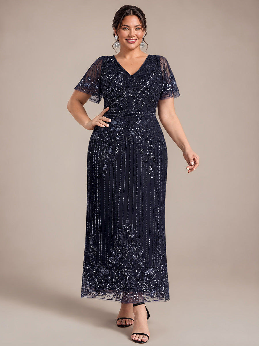 Sequin Tulle Ruffle Sleeve Cocktail Dress #color_Navy Blue