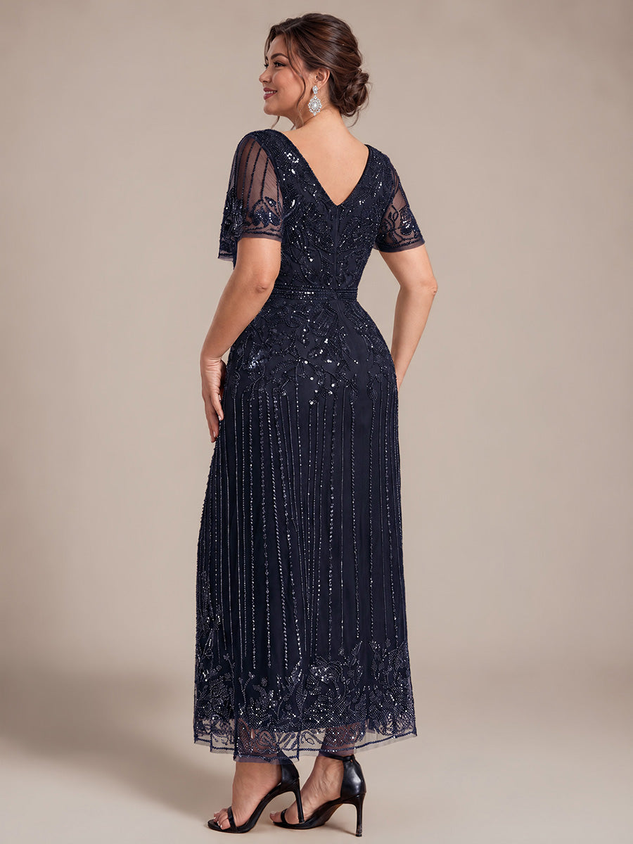 Sequin Tulle Ruffle Sleeve Cocktail Dress #color_Navy Blue