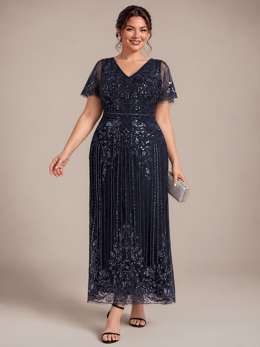 Sequin Tulle Ruffle Sleeve Cocktail Dress #color_Navy Blue