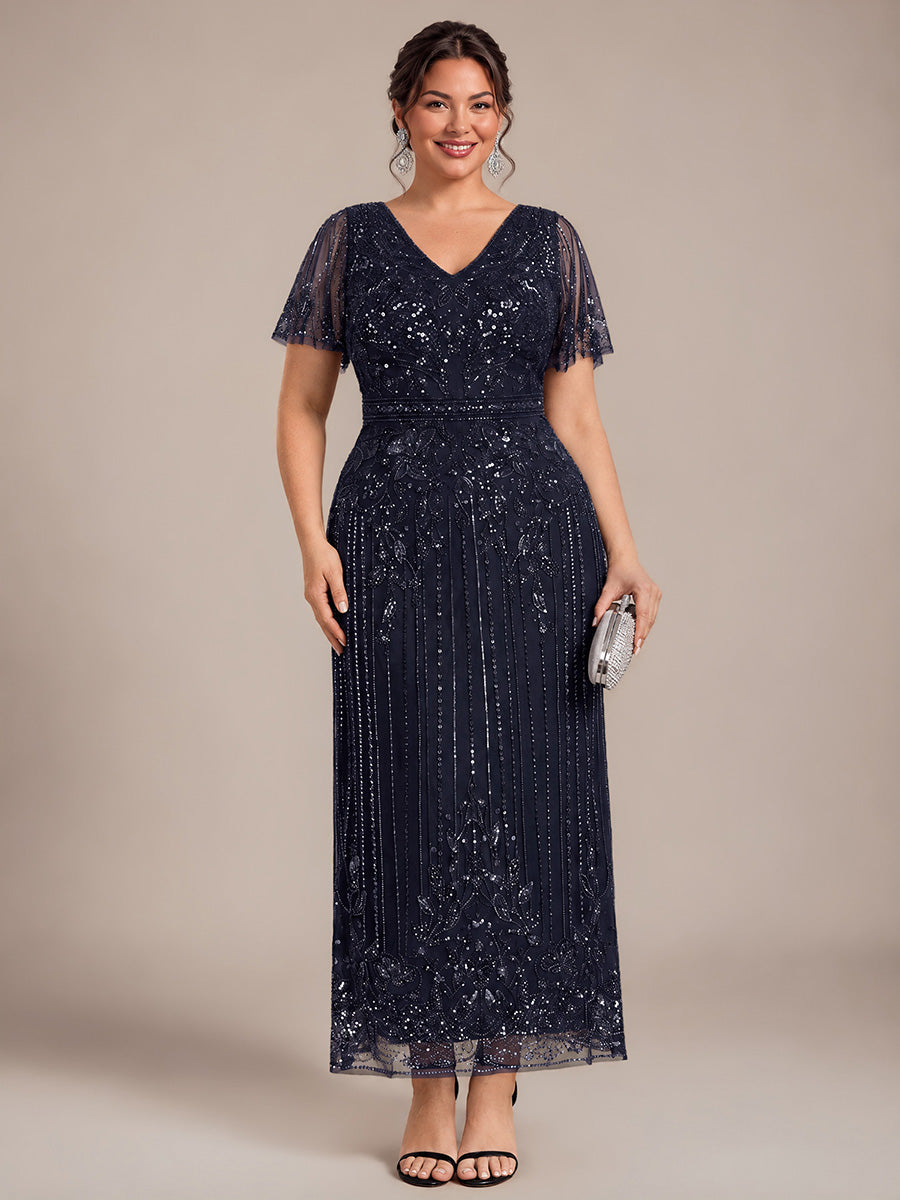 Sequin Tulle Ruffle Sleeve Cocktail Dress #color_Navy Blue