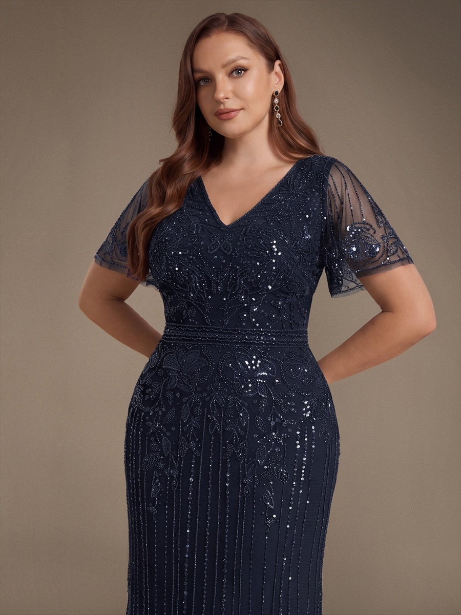 Sequin Tulle Ruffle Sleeve Cocktail Dress #color_Navy Blue