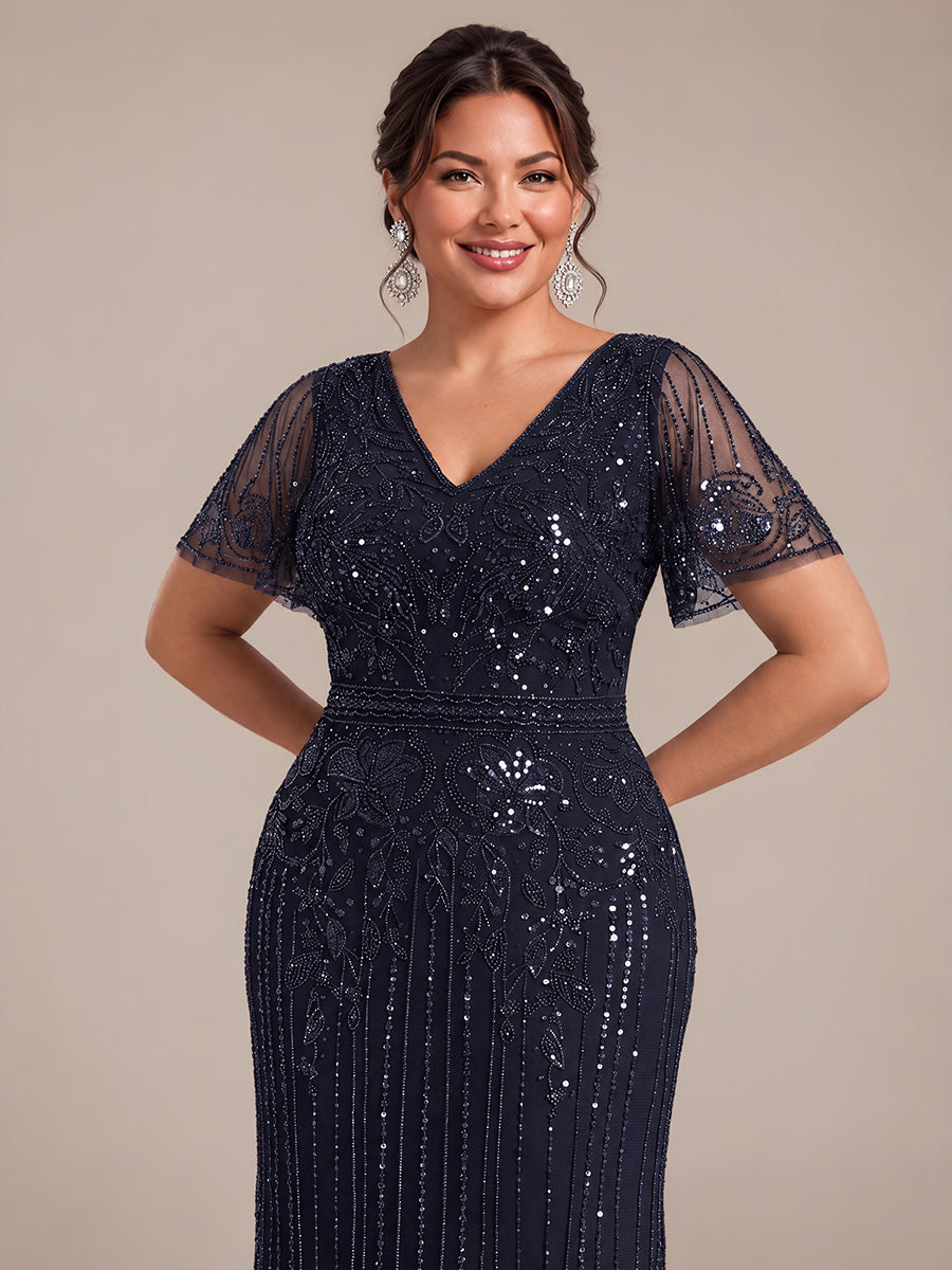 Plus Size Sequin Tulle Cocktail Dress #color_Navy Blue