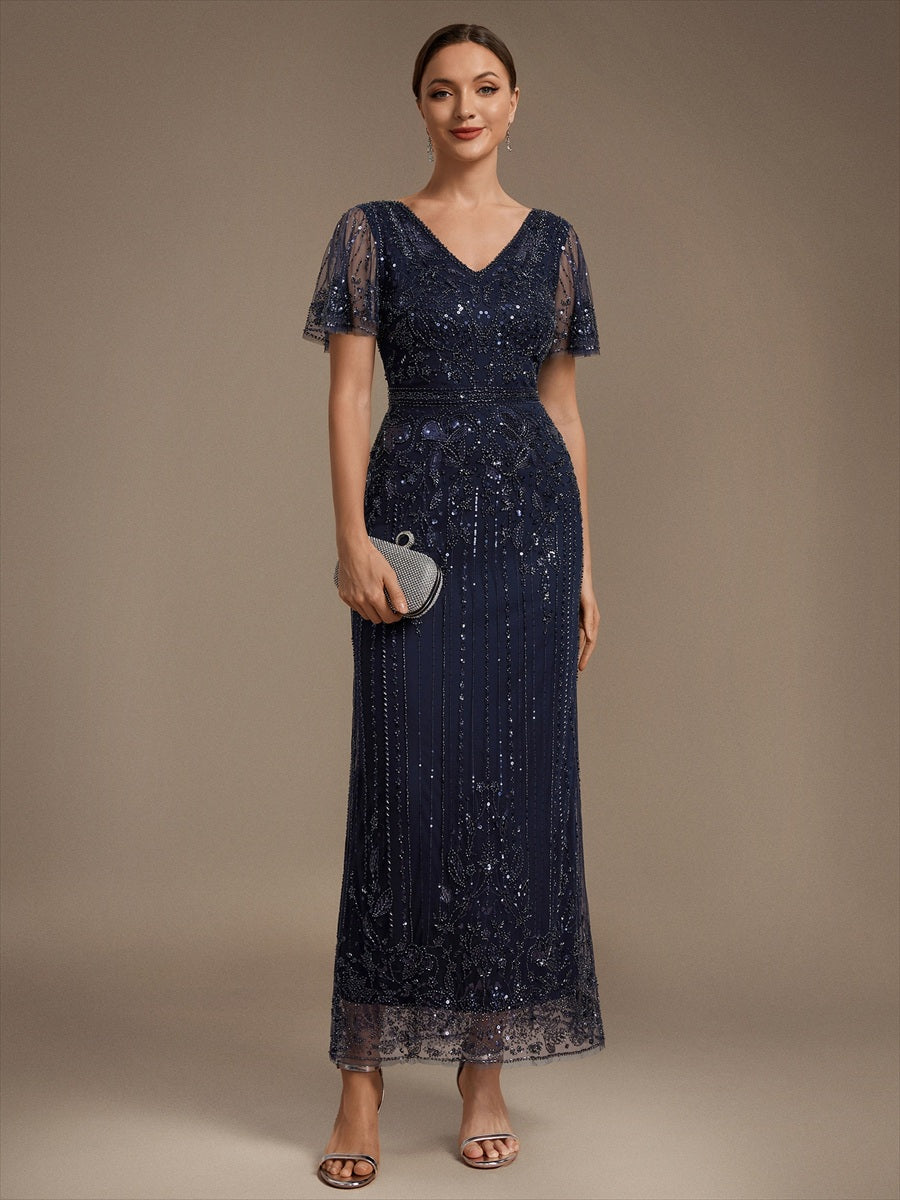 Sequin Tulle Ruffle Sleeve Cocktail Dress #color_Navy Blue