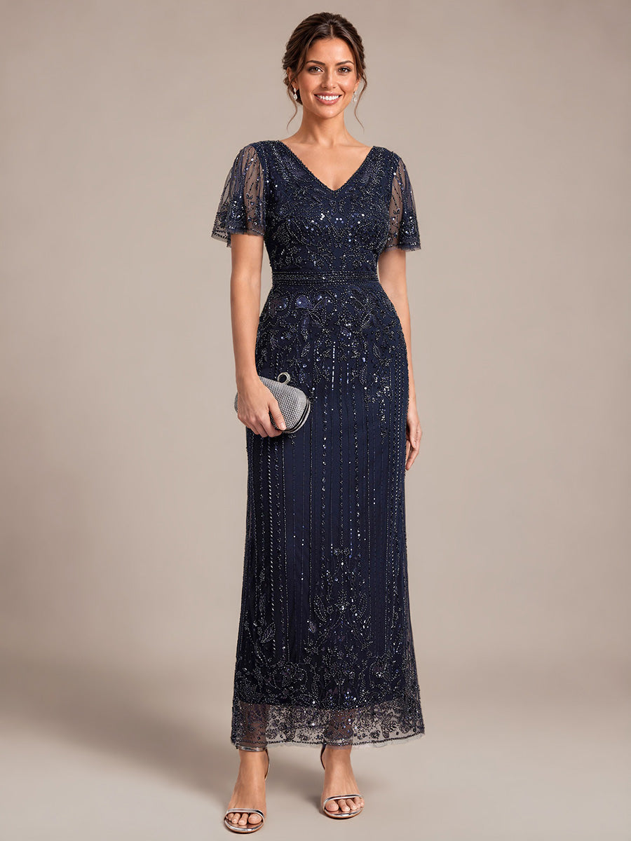 Sequin Tulle Ruffle Sleeve Cocktail Dress #color_Navy Blue