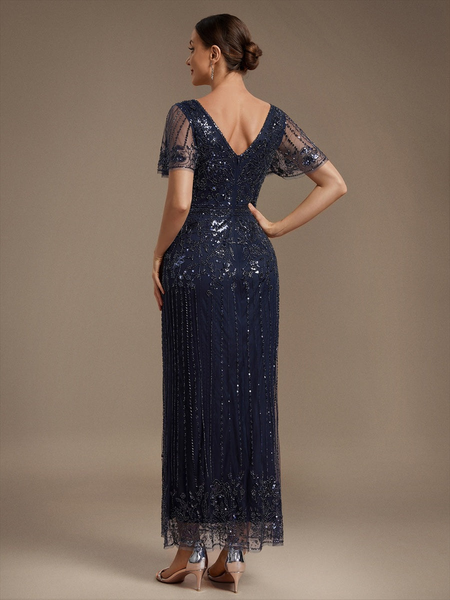 Sequin Tulle Ruffle Sleeve Cocktail Dress #color_Navy Blue