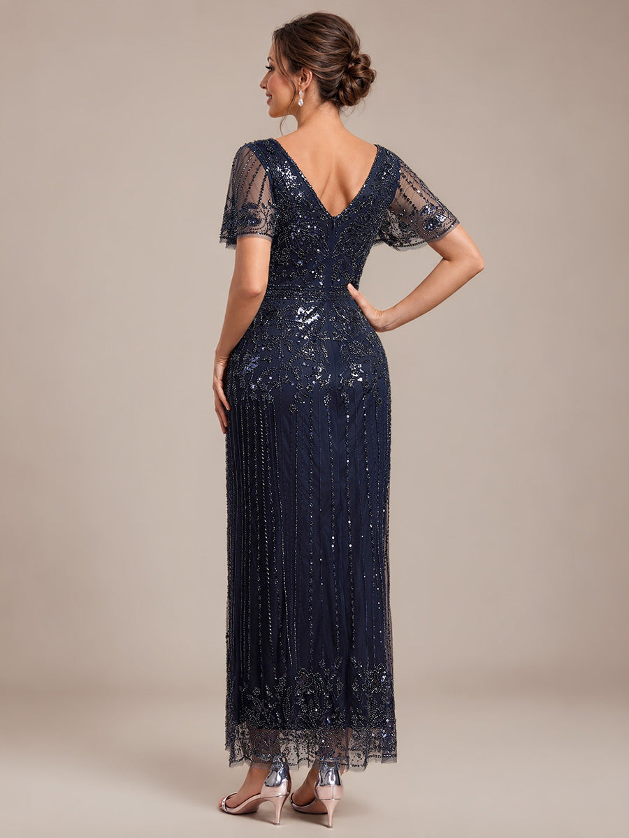 Sequin Tulle Ruffle Sleeve Cocktail Dress #color_Navy Blue