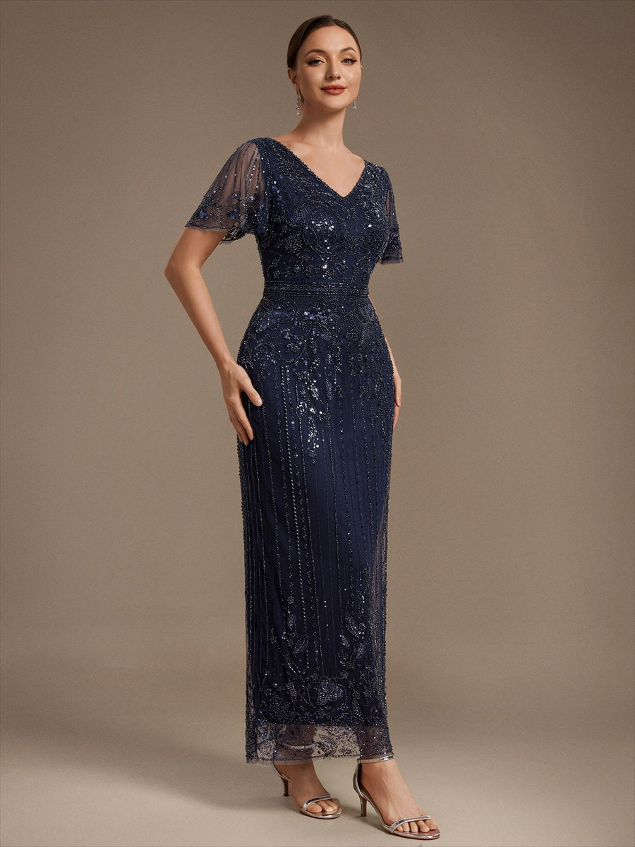 Sequin Tulle Ruffle Sleeve Cocktail Dress #color_Navy Blue