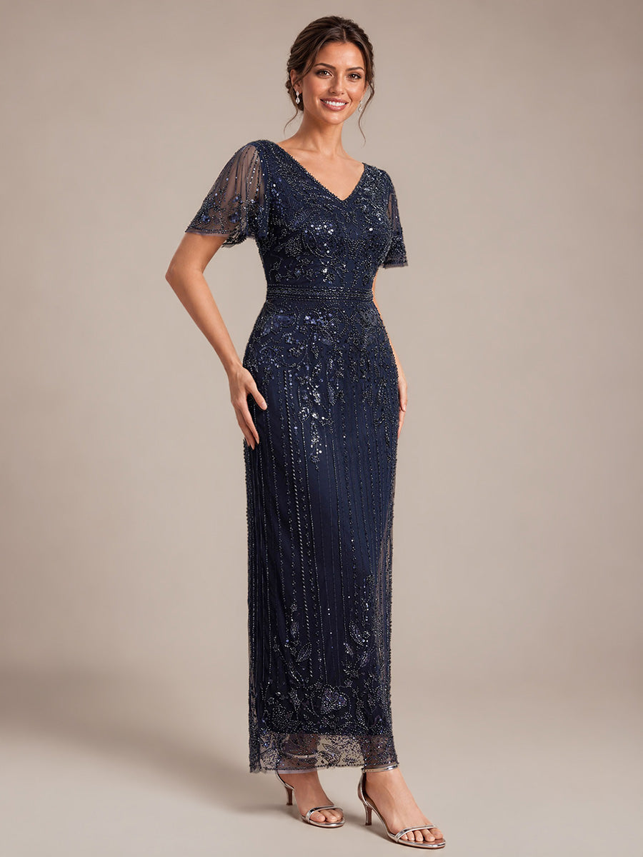 Sequin Tulle Ruffle Sleeve Cocktail Dress #color_Navy Blue
