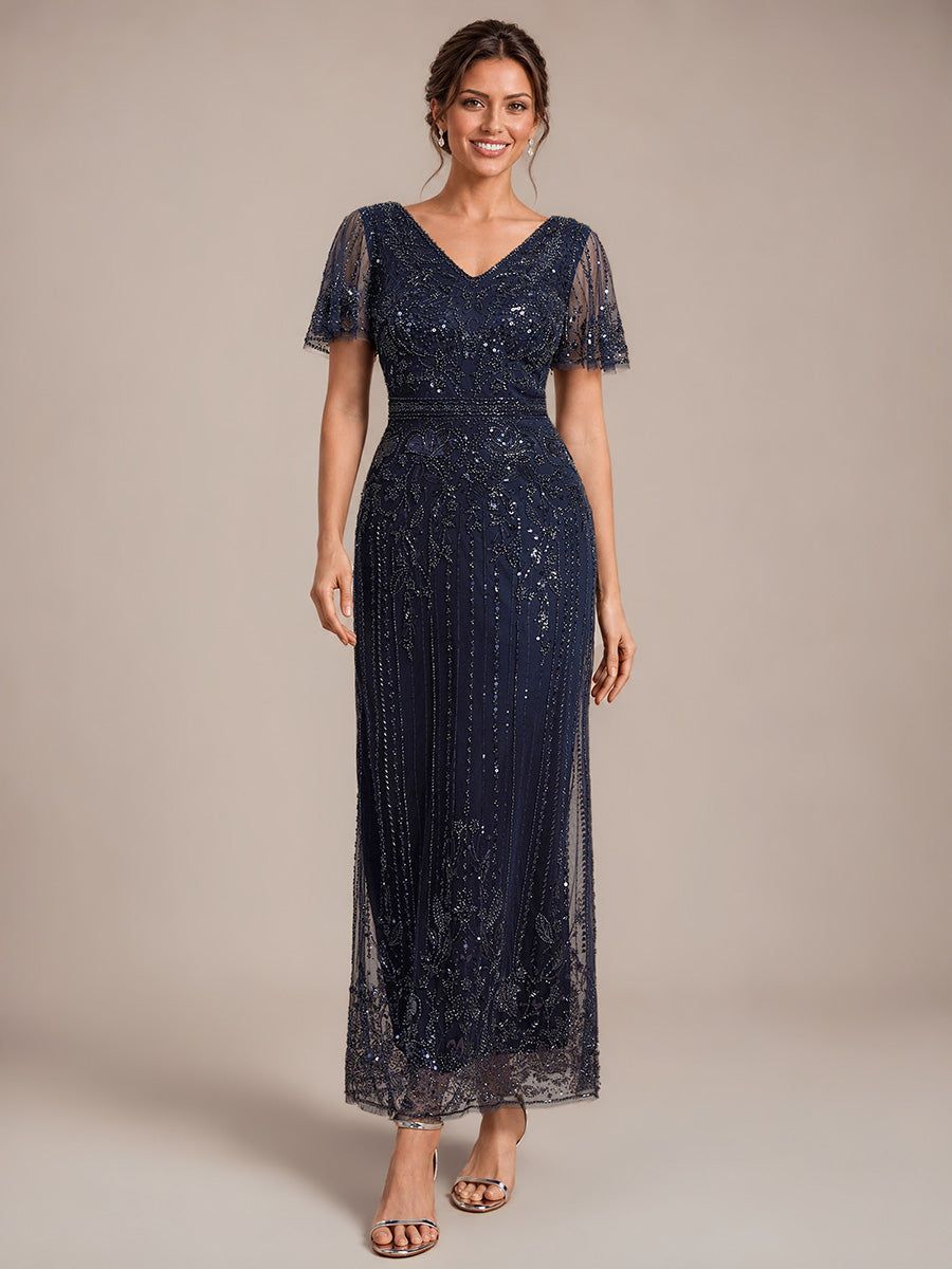 Sequin Tulle Ruffle Sleeve Cocktail Dress #color_Navy Blue