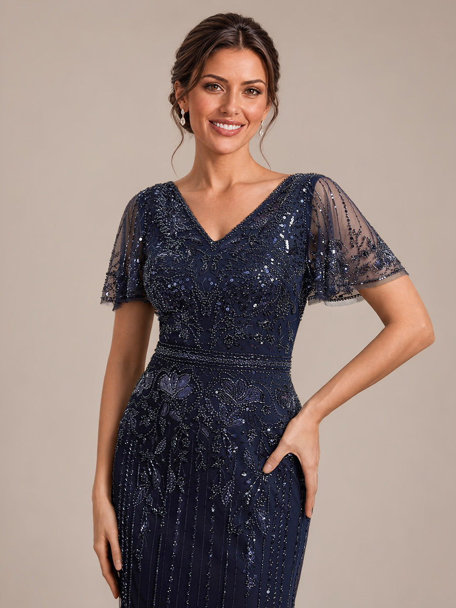 Sequin Tulle Ruffle Sleeve Cocktail Dress #color_Navy Blue