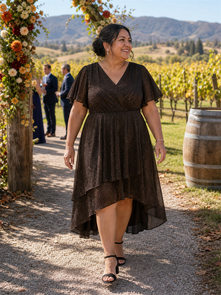 Plus Size Lurex Mesh Ruffle Sleeve Cocktail Dress for Wedding Guest #color_Brown