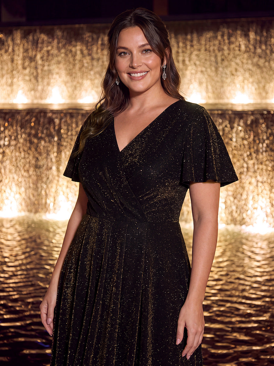 Lurex Mesh Ruffle Sleeve A-Line Cocktail Dress for Wedding Guest #color_Brown