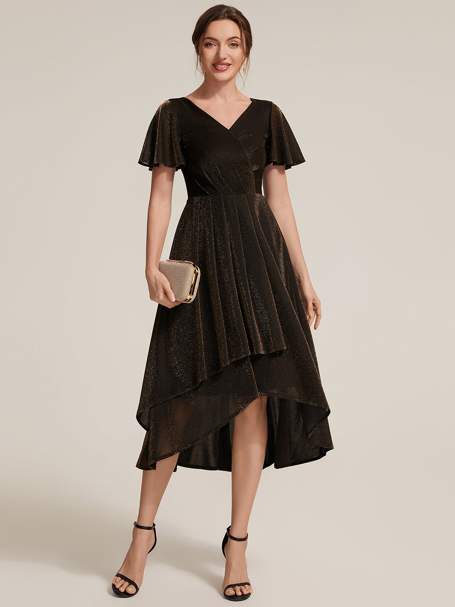 Lurex Mesh Ruffle Sleeve A-Line Cocktail Dress for Wedding Guest #color_Brown